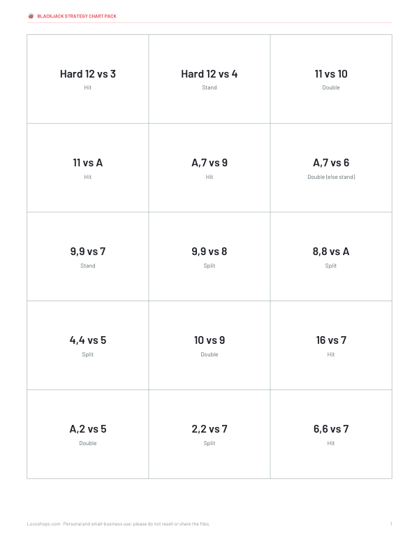 Preview of Printable Blackjack Flashcards PDF