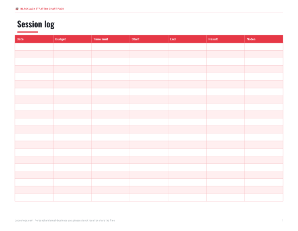 Preview of Printable Blackjack Session Log